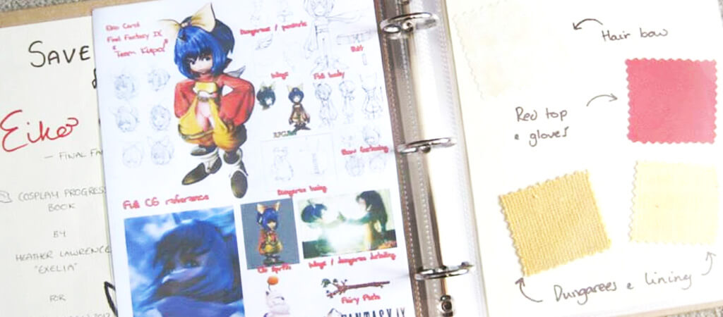 A cosplayer adjusting their outfit