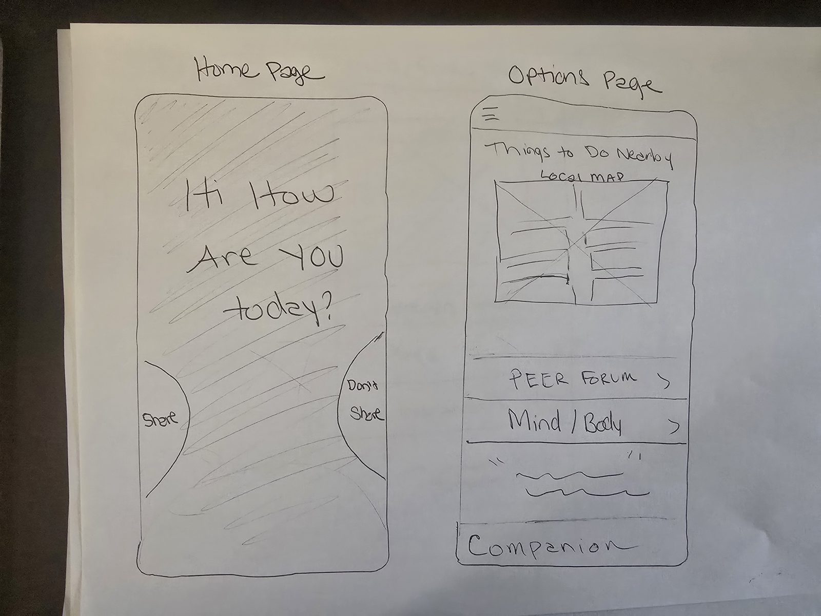 Home Page and Options Page sketched side by side
