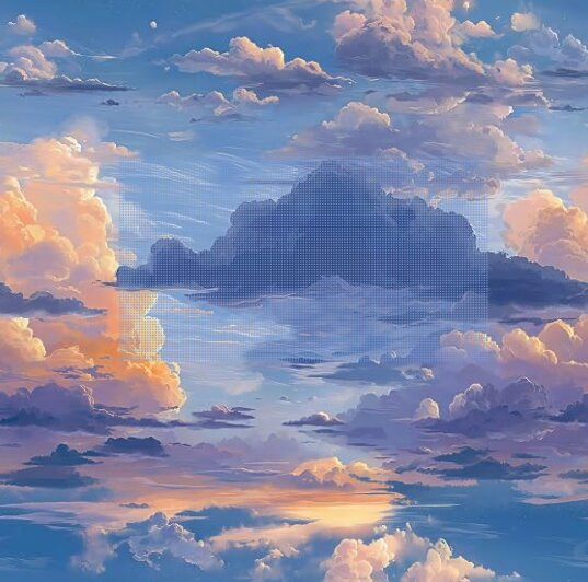 Soft pastel clouds with a pixelated digital sky pattern