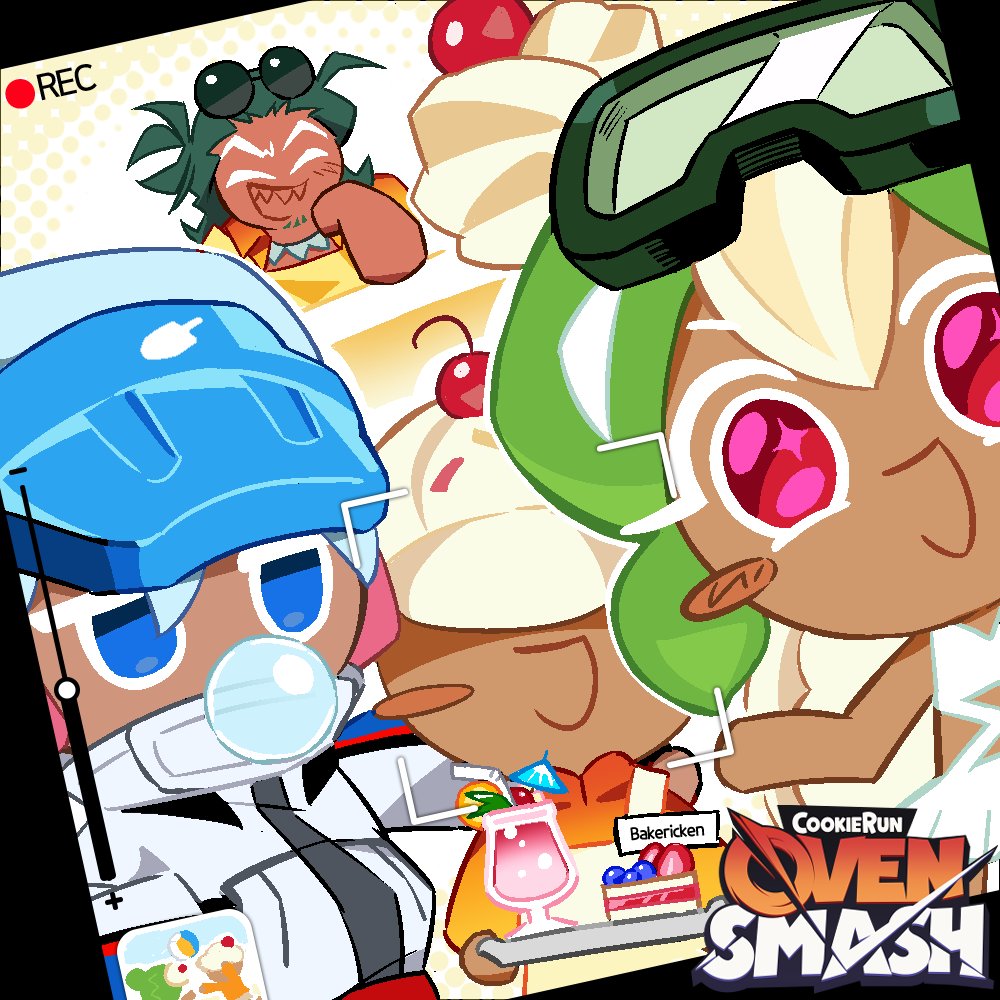 A selfie of the owners of Cafe Fruit Bomber. Melon Soda Cookie (Green with goggles) and Ice Pop Cookie (Blue is Cap) stand at the front, while Fruit punch Cookie (orange with sunglasses) sits in the back. There is a random customer, supposedly named 'Bakericken' in between all of them, looking happy. 