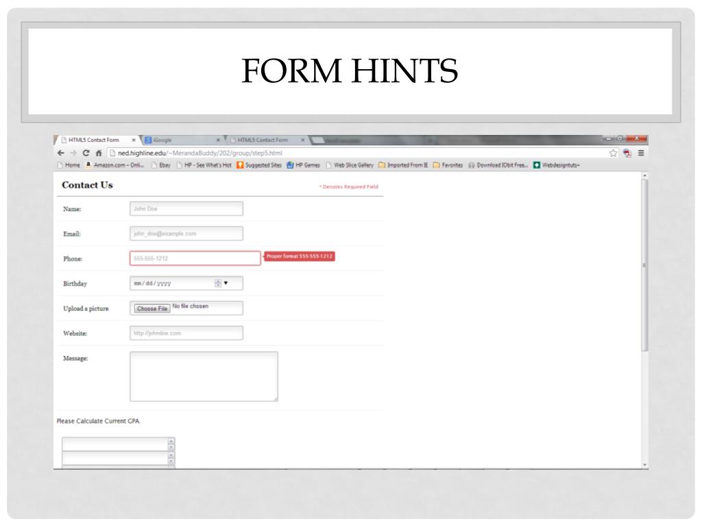 It displays *Form Hints* and a form saying *Contact Us.*