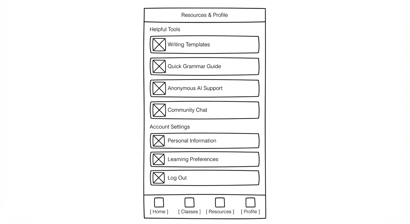 Low-fi wireframe of Resources screen