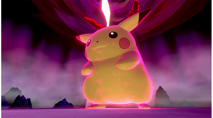 A photo of Gigantamax Pikaxhu from Pokemon Sword and Sheild. The background is cloudy, a mix of red and black filling the skies. The Giant Pikachu stands with an yellow glowing tail