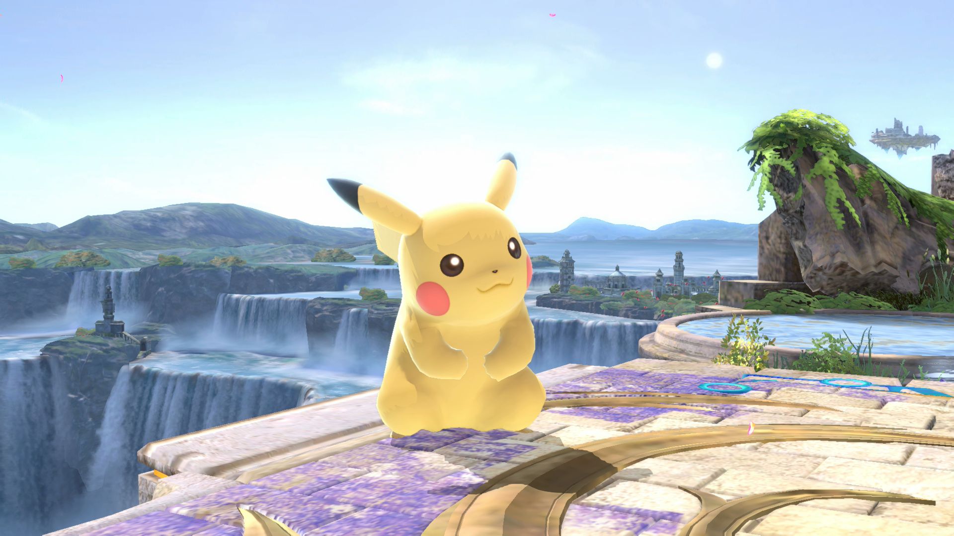 Pikachu standing on the default battle feild in Super Smash Bros ultimate