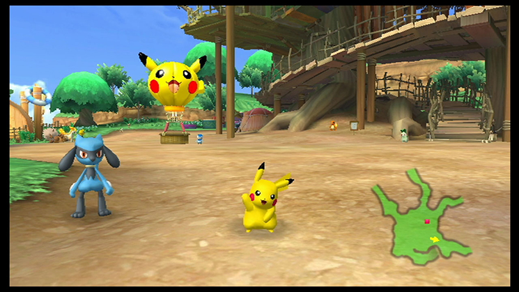 A screenshot of Pokepark Wii: Pikachu's Adventure. Pikachu is in the middle of the screen, waving at the camera. The behind him is a large wooden tree housewith ascending stairs, a balloon shaped like Pikachu's face, and other Pokemon such as Piplup, Riolu< Charmander, and Chikorita: y