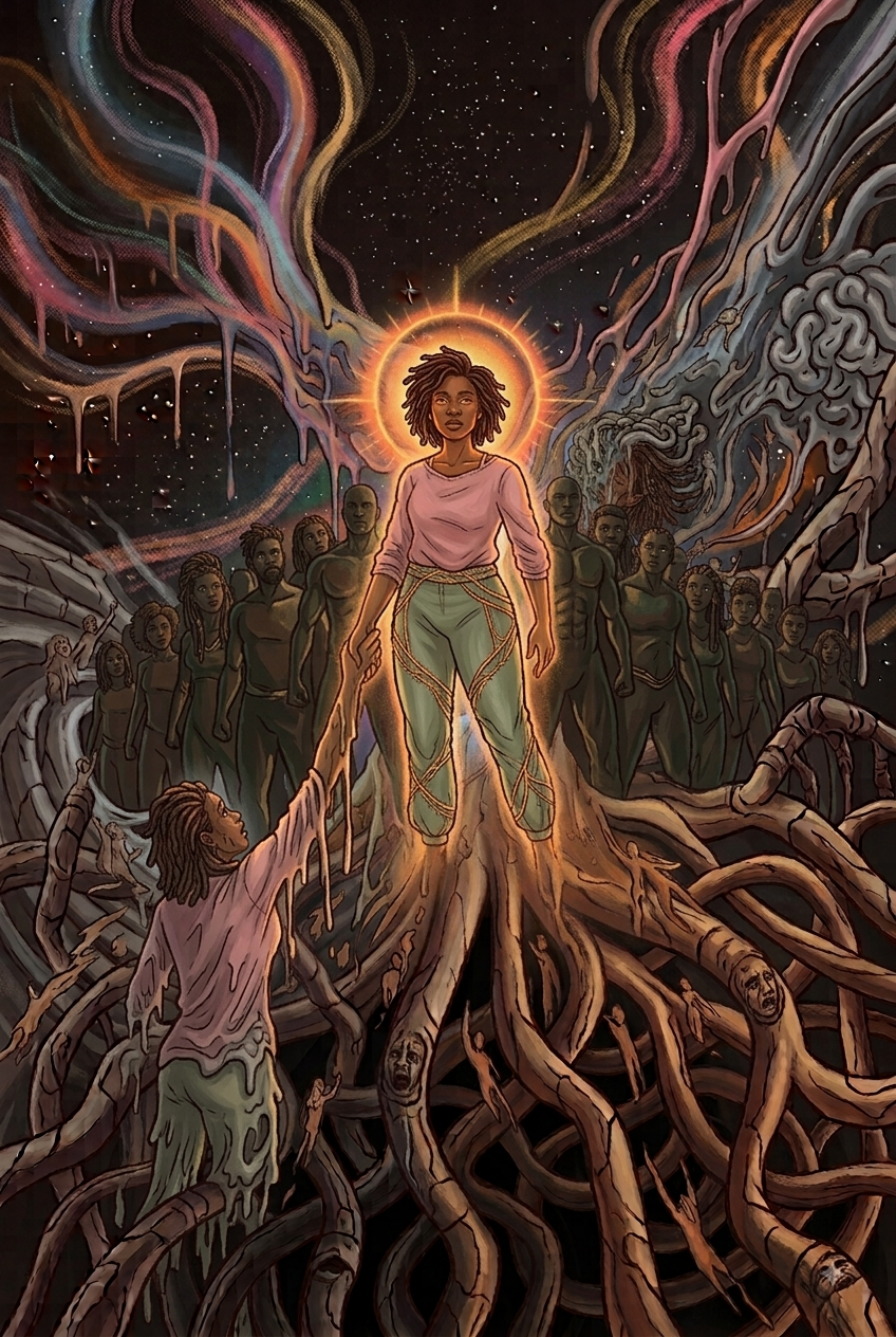 The haloed woman reaching a hand down to pull the narrator up from tangled roots.