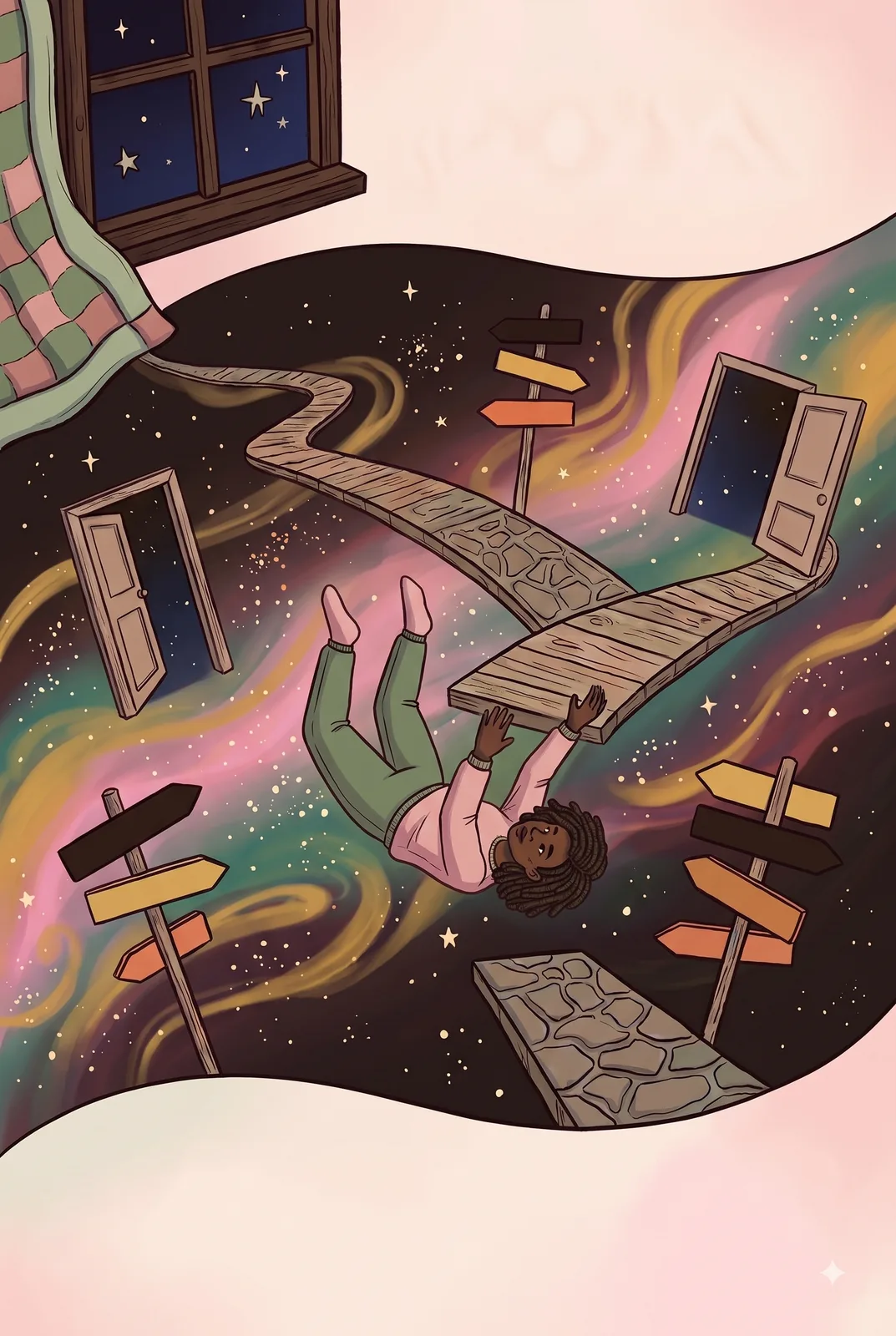 A figure tumbling headfirst into a swirling dark dreamscape.