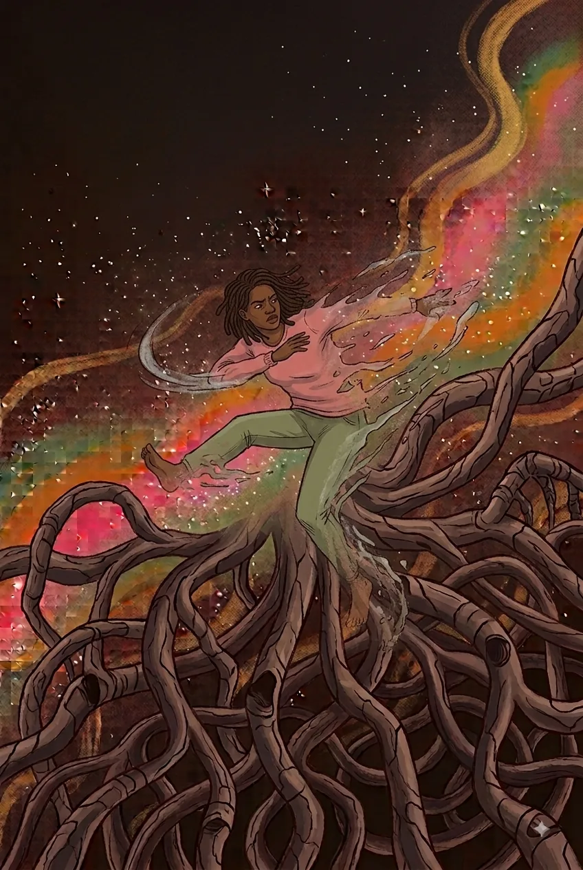 A lone, defenseless figure fading into a dark cosmic void.