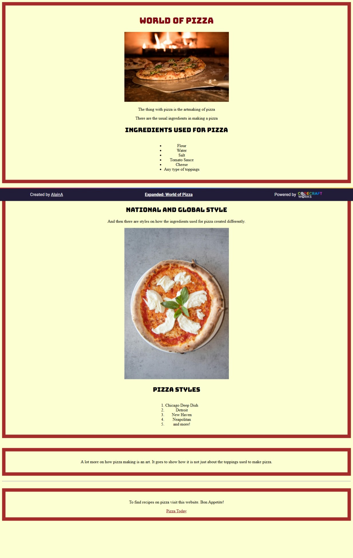 Menu of the Ingredients for Pizza and variations