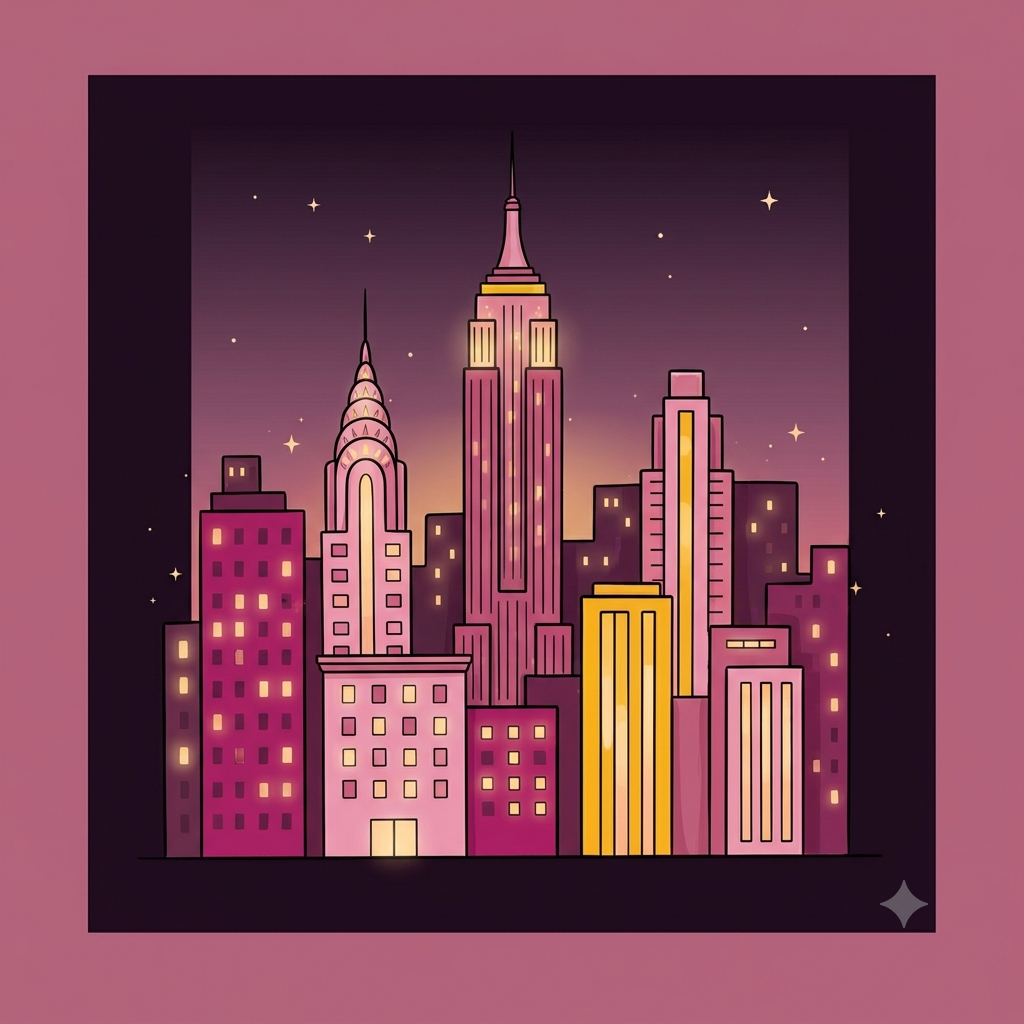 Illustration of a New York City skyline at dusk
