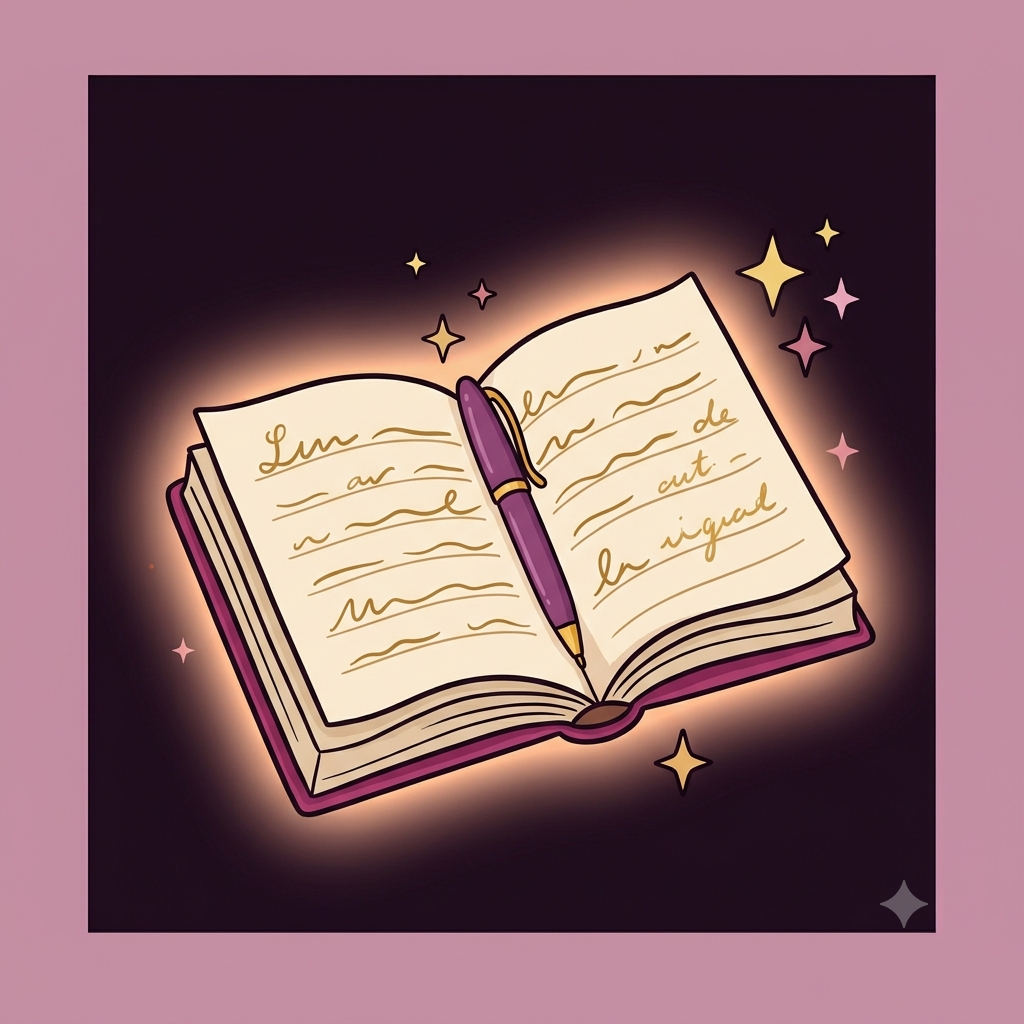 Illustration of an open book with a pen, representing writing