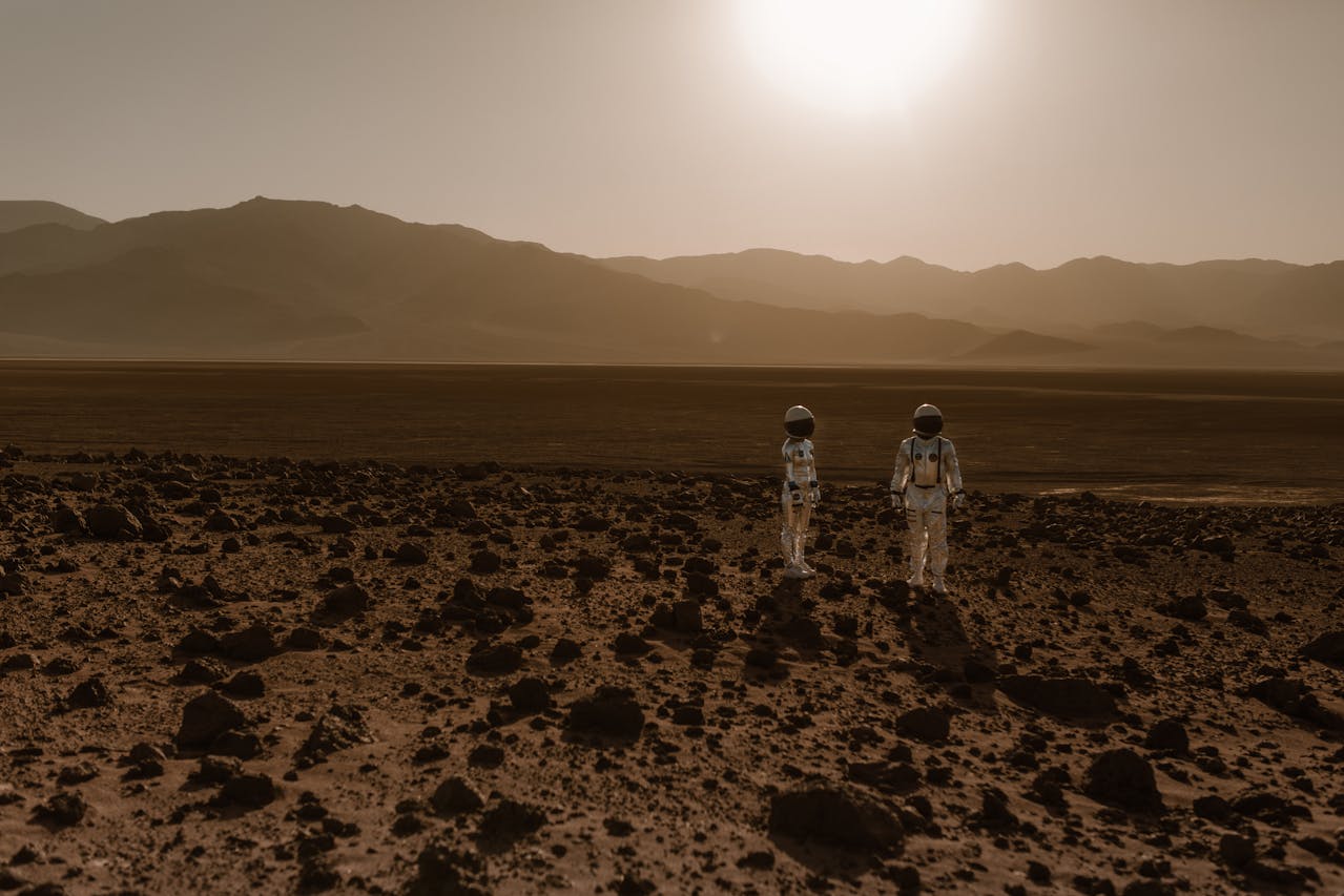 Astronauts wandering on an unknown planet.